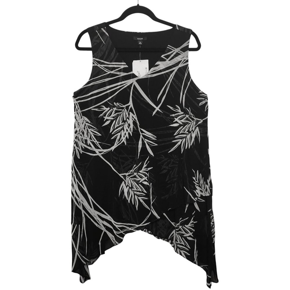 Alfani Black White Mesh Leaf Printed Stretchy Sleeveless Top Size 0X